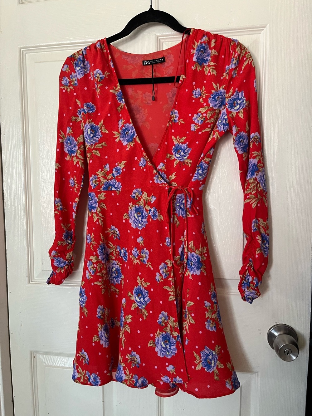 Zara Red Floral Wrap Dress with Blue Blooms
